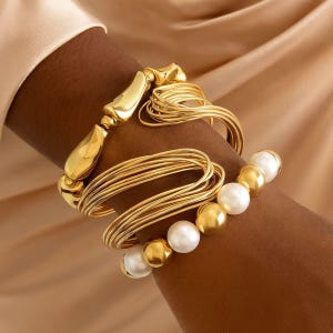 Gold & Silver Cuff Bracelet Set: Chunky Bangle with Pearl Accents