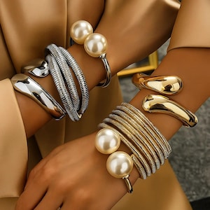 Gold Cuff Bracelet Set: Polished Alloy, Pearl & Sculptural Options