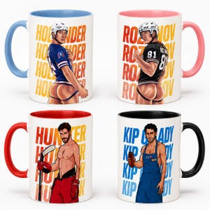 May include: Four white ceramic mugs with colorful interiors and handles. Each mug features a different illustration of a man in athletic attire. The mugs have blue, pink, red, and black accents, with text and illustrations.