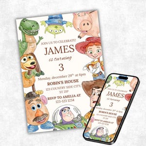 May include: A birthday party invitation featuring watercolor illustrations of characters from a popular animated film. The invitation reads "JAMES is turning 3" with event details. A smartphone displays the same invitation.