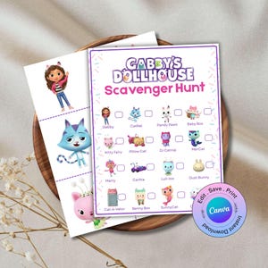 May include: A Gabby's Dollhouse Scavenger Hunt game sheet with character illustrations and check boxes. The sheet is on a wooden tray with two character cards. The Canva logo is in the bottom right corner.