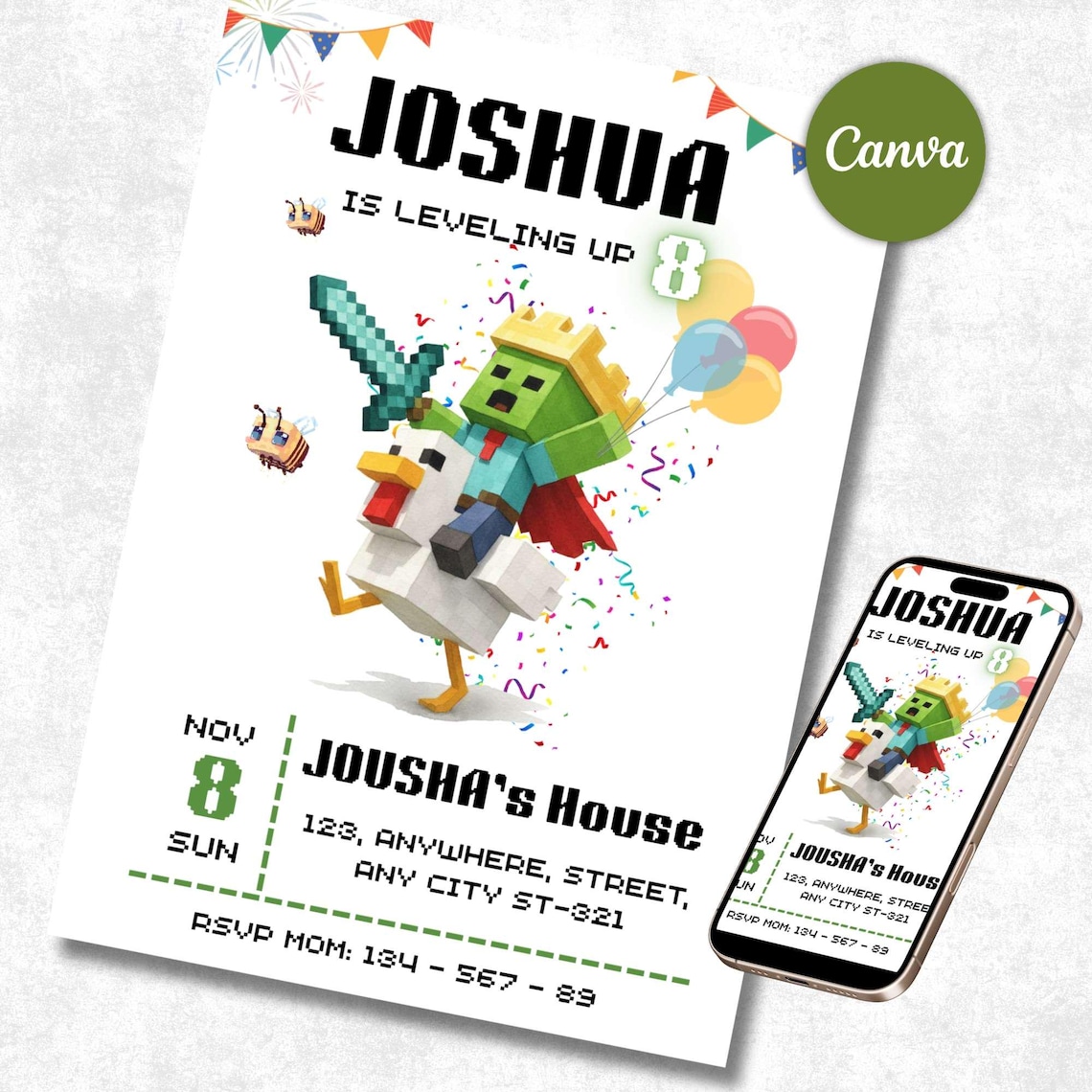 Chicken Jockey Birthday Invitation Block Pixel Theme Editable Canva