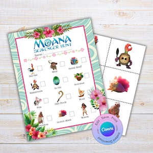 Könnte beinhalten: Ein Moana-Themen-Schnitzeljagd-Druck mit einem türkis-rosa Blumendesign. Das Hauptblatt listet Gegenstände wie Maui, Te Fiti und Moana mit Kontrollkästchen auf. Ein zweites Blatt enthält Bilder der Gegenstände. Das Canva-Logo ist sichtbar.