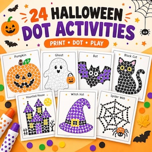 Puede incluir: Un conjunto de 24 hojas de actividades de puntos de Halloween con ilustraciones de calabaza, fantasma, murciélago, gato negro, casa encantada, sombrero de bruja y telaraña, con el título 24 Halloween Dot Activities.