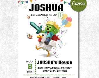 Chicken Jockey Birthday Invitation | Block Pixel Theme | Editable Canva Template | Kids Gamer