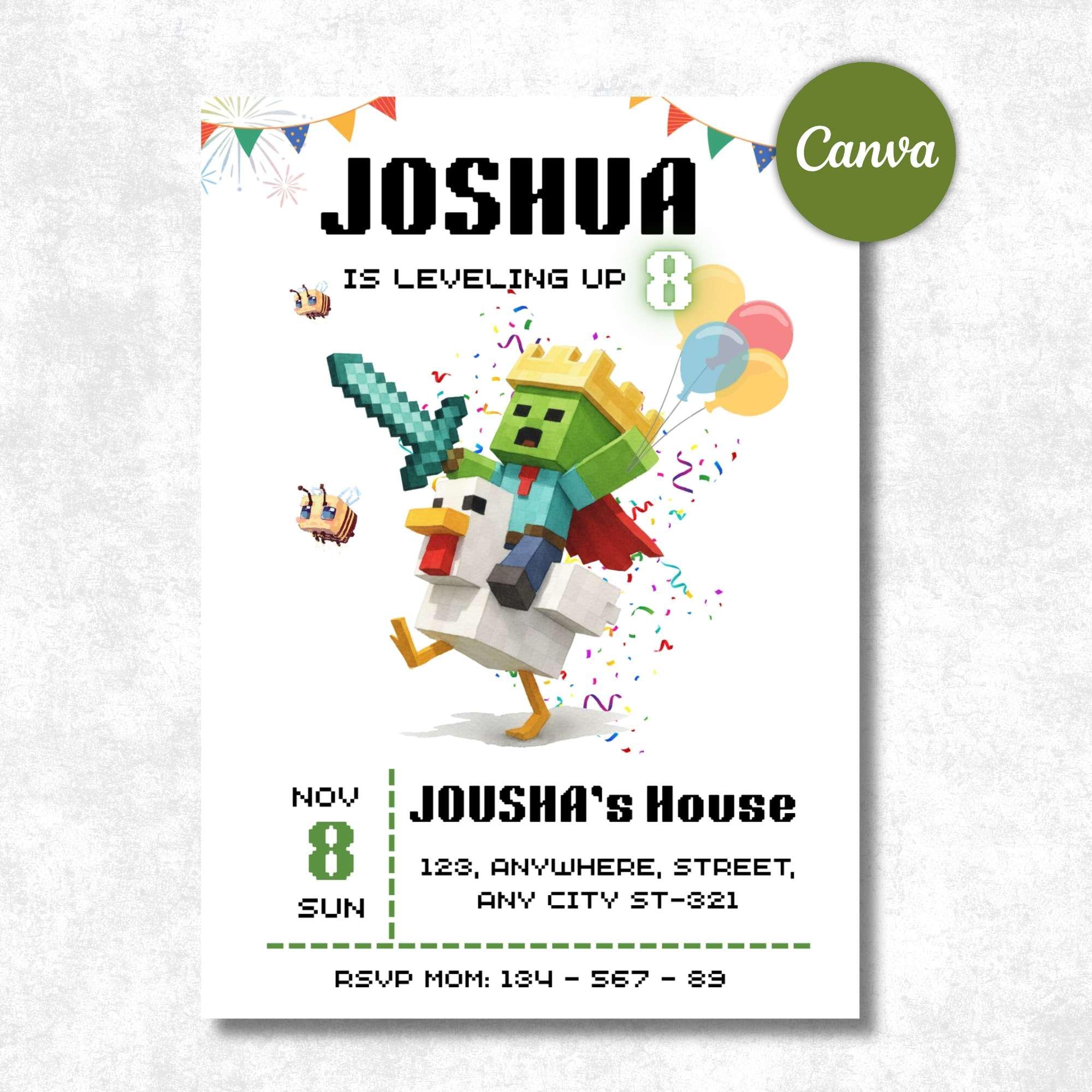 Chicken Jockey Birthday Invitation Block Pixel Theme Editable Canva