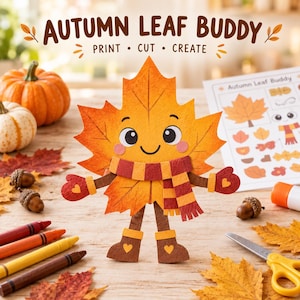 Könnte beinhalten: Ein Papierbastelprojekt mit dem Titel Autumn Leaf Buddy, das eine zentrale orangefarbene Ahornblatt-Figur mit lächelndem Gesicht, rosa Wangen, einem rot-orange gestreiften Schal sowie braunen Fäustlingen und Stiefeln mit Herzmotiven zeigt.