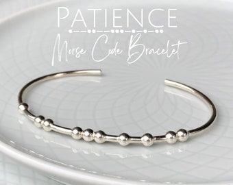 PATIENCE Morse Code Bracelet, One Size Fits All Adjustable Solid Sterling Silver Bracelet