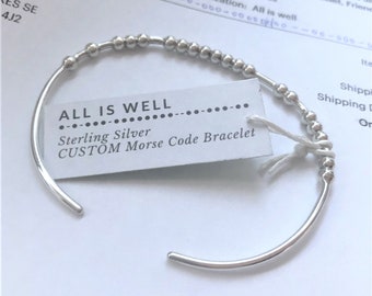 CUSTOM WORD Morse Code Adjustable Silver Bracelet, Personalized Solid Sterling Bracelet, Friendship Gift