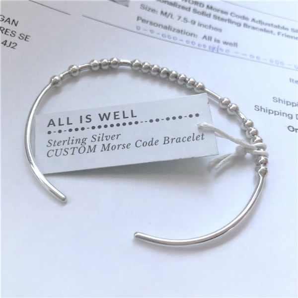 CUSTOM WORD Morse Code Adjustable Silver Bracelet, Personalized Solid Sterling Bracelet, Friendship Gift
