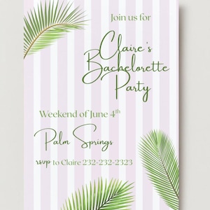 Palm Springs Bachelorette Invitation Template – Light Pink Stripes & Palm Leaf Accents