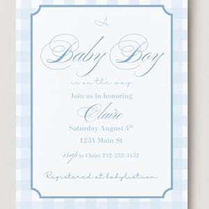 Elegant Light Blue Gingham Baby Shower Invitation Template (5x7 Printable & Editable