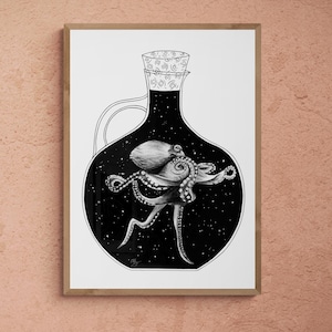 Octopus Abstract Bottle Drawing Black and White Nautical Art Print Sea Creature Illustration Ocean Lover Gift Marine Life Home Décor