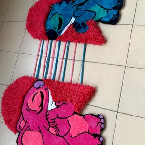 Stitch & Angel Tufted Rug Set – Handmade Couple Rug, Kawaii Valentine Gift, Cute Bedroom Decor
