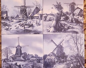 Vintage Set of 4 Decorative Tiles Made In Holland signed J.C. Van Hunnik