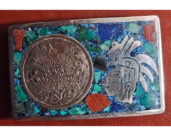 Vintage 75.3g Mexican Sterling Silver Mosaic Aztec Calendar Belt Buckle 925