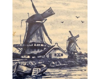 Pair of Blue & White Ceramic Delft Style Windmill Tiles Home Decor