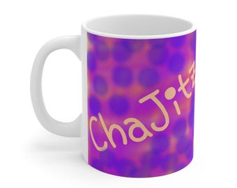 Chajitz script on purple polka dots mug | 11oz Ceramic Mug