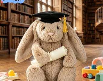 Graduation Gift Jellycat Bashful Bunny Plush, Beige Soft Rabbit with Grad Cap & Diploma