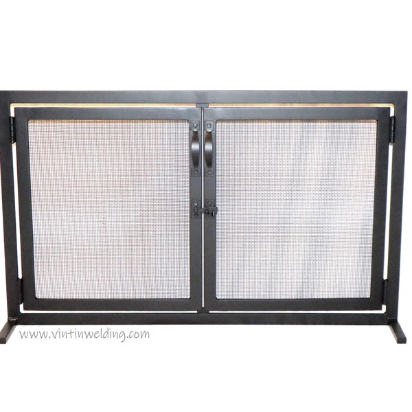 Firescreen With Fixed Doors, Free Standing Fireplace Hand Forged Wrought Iron Stand Alone Simplistic Locking Doors by VinTin (Item # F-225)