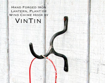 Metal Hanger Hook Blacksmith Hand Forged Iron Rustic Steel Metal Lantern, Plant Wind Chime Curtain Rod Holder Bracket Fixture by VinTin