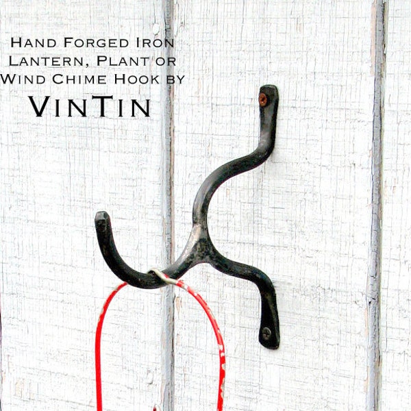 Metal Hanger Hook Blacksmith Hand Forged Iron Rustic Steel Metal Lantern, Plant Wind Chime Curtain Rod Holder Bracket Fixture by VinTin