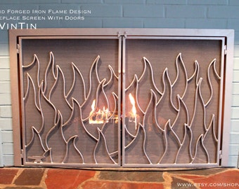 Firescreen Fitted With Doors for Firebox Fireplace Hand Forged Wrought Iron Flame Design Screen with Mesh Doors by VinTin (Item # F-202)