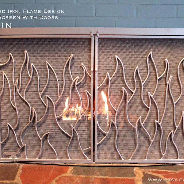 Firescreen Fitted With Doors for Firebox Fireplace Hand Forged Wrought Iron Flame Design Screen with Mesh Doors by VinTin (Item # F-202)