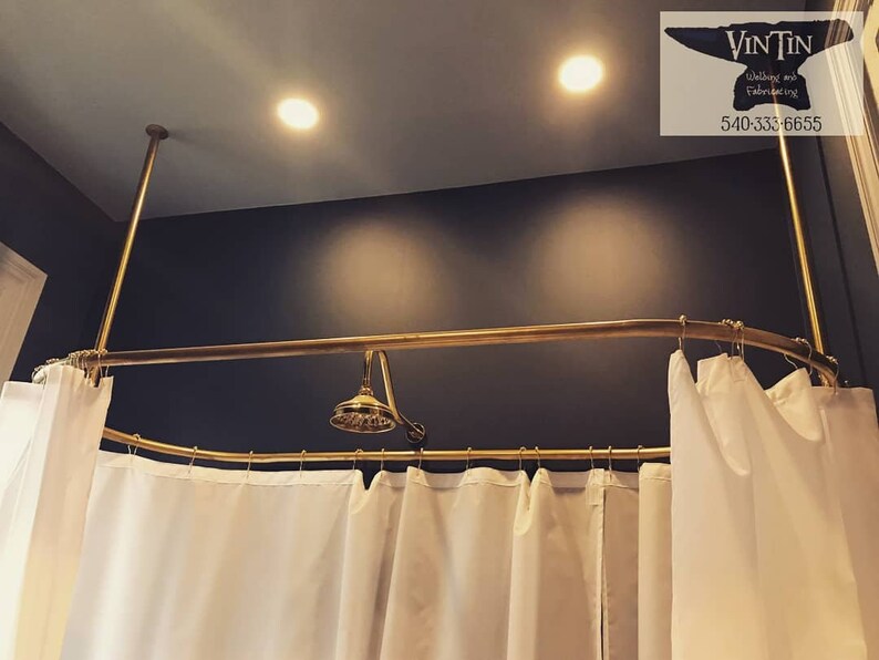 Shower Curtain Rod Ceiling Mount Custom Radius And Size Hand Made Brass Finish Iron Metal Steel Vertical Supports Cast Iron Tub By Vintin