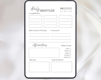 May include: A digital daily gratitude journal with a black border. The journal includes sections for gratitude, affirmations, and mood tracking. Text includes "Daily GRATITUDE", "I'm grateful for", "Best moment of the day", and "Affirmations".