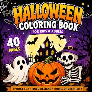 May include: A Halloween coloring book with 40 pages featuring a ghost, a jack-o'-lantern, and a skeleton wearing a purple hat. The cover displays a haunted house, bats, and a full moon against a purple background with the text Halloween Coloring Book.