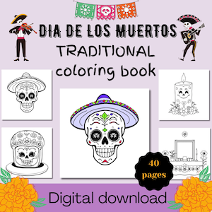 Día de los Muertos Coloring Book | Day Of The Dead |40 Sugar Skulls And Traditional Mexican Designs |Printable PDF & PNG | Instant Download