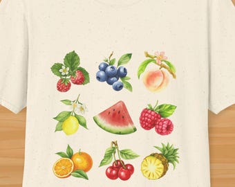 Watercolor Fruit T-Shirt, Cute Summer Fruit Tee with Cherries, Pineapple, Berries & Citrus, Colorful Aesthetic Food Shirt