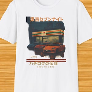Tokyo JDM Meet-up Night Scene T-Shirt, Japanese Car Culture Tee with Retro Konbini Aesthetic, GR86, FRS, and GT86