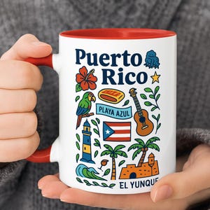 Puerto Rico Mug, Colorful Puerto Rico Souvenir Coffee Cup, Playa Azul, El Yunque Illustration, Boricua Gift, Caribbean Travel Art Mug