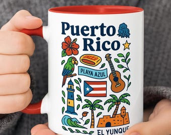 Puerto Rico Mug, Colorful Puerto Rico Souvenir Coffee Cup, Playa Azul, El Yunque Illustration, Boricua Gift, Caribbean Travel Art Mug