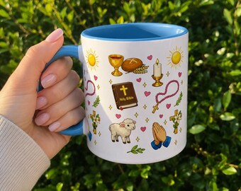 Christian Faith Mug, Bible Dove Candle Cross Coffee Cup, Religious Gift Mug, Pink and Blue Accent Mug, Cute Christian Mug