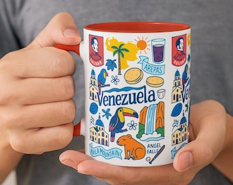 Venezuela Mug, Colorful Venezuela Souvenir Cup, Arepas, Angel Falls Illustration, Travel Gift Idea, Latin America Coffee Cup, Venezuelan Art