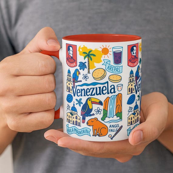 Venezuela Mug, Colorful Venezuela Souvenir Cup, Arepas, Angel Falls Illustration, Travel Gift Idea, Latin America Coffee Cup, Venezuelan Art