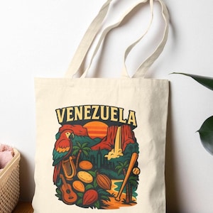 Venezuela Tote Bag, Cultural Canvas Shopper with Guacamaya, Salto Angel & Cacao | Reusable Eco Gift, Latin America Travel Bag