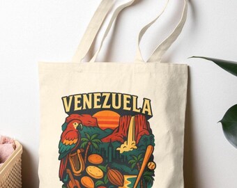 Venezuela Tote Bag, Cultural Canvas Shopper with Guacamaya, Salto Angel & Cacao | Reusable Eco Gift, Latin America Travel Bag