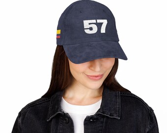 Colombia 57 Corduroy Dad Hat, Colombian Flag Baseball Cap, Navy Country Pride Hat, Latino Heritage Gift, Vintage Racing Number Cap
