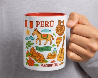 Peru Mug, Cusco & Machu Picchu Souvenir Cup, Peruvian Culture Doodle Art, Andean Gift, Travel Coffee Mug, Colorful Peru Illustration