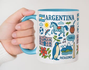 Argentina Mug, Buenos Aires Souvenir Cup, Patagonia Penguin Art, Tango & Mate Doodle Design, Argentine Culture Gift, Travel Coffee Mug