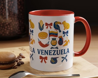 Venezuela Culture Mug, Colorful Ceramic Coffee Cup with Traditional Icons, Flag, and Food Illustrations, Gift for Venezuelans & Latin Pride