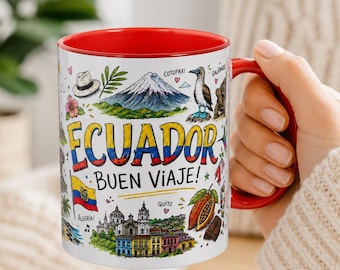 Ecuador Travel Mug, Ecuador Souvenir Coffee Mug, Buen Viaje Mug, Quito Gift, Ecuadorian Ceramic Mug, Red Accent Mug  Tags: