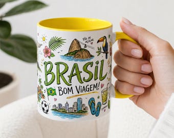 Brasil Travel Mug, Brazilian Souvenir Coffee Mug, Bom Viagem Mug, Brazil Gift, Yellow Accent Ceramic Mug, Rio Inspired Cup