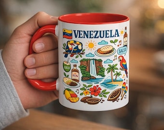 Venezuela Coffee Mug, Venezuelan Culture Illustrated Mug with Flag, Food & Nature | Venezuelan Gift | Patriotic Mug | Venezuela Souvenir