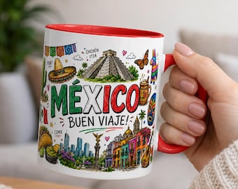 Mexico Travel Mug, Mexican Souvenir Coffee Mug, Buen Viaje Mug, Chichen Itza Mug, Mexico Gift, Red Accent Ceramic Mug