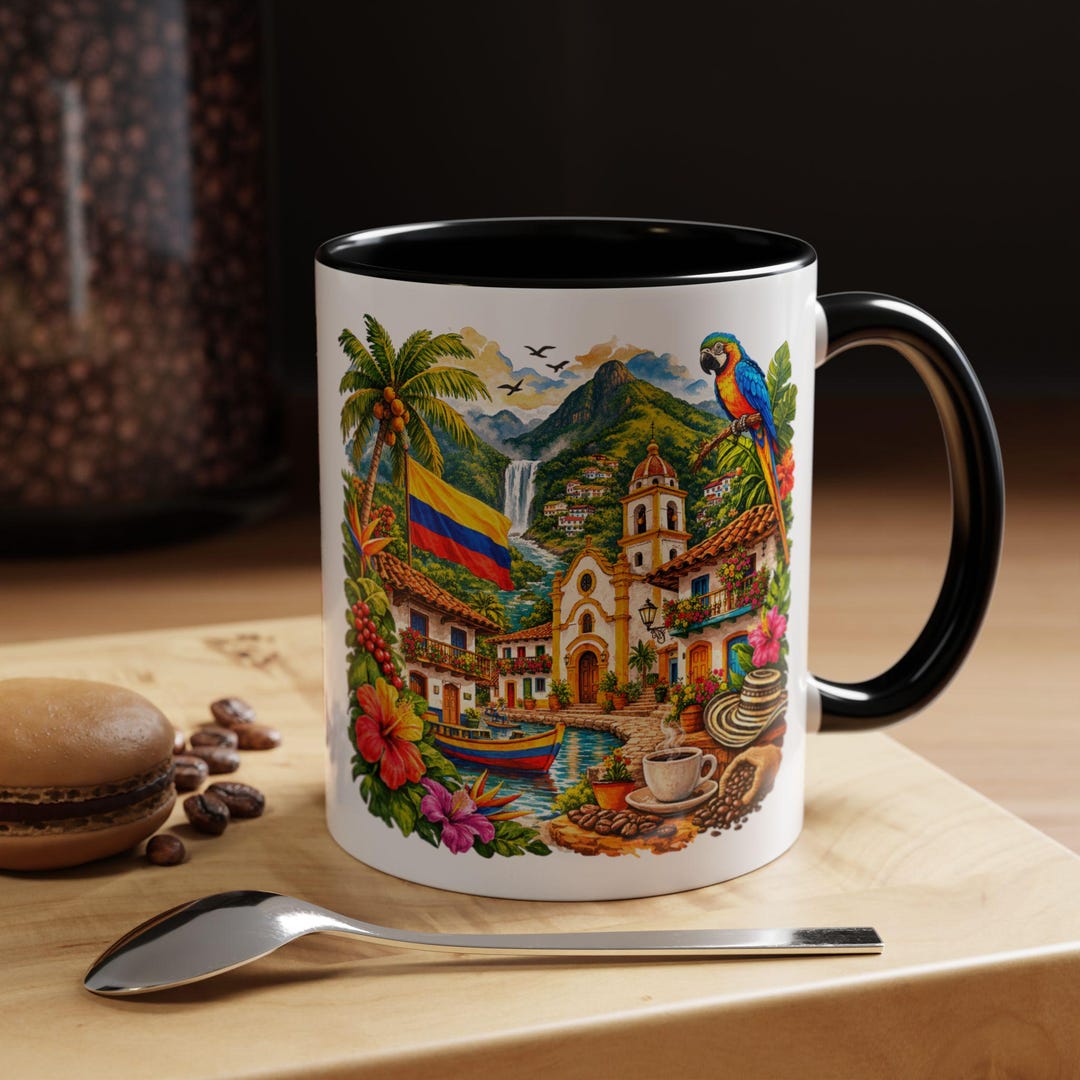 Colombia Coffee Culture Mug, Village Art Coffee Cup, Tropical Landscape ...